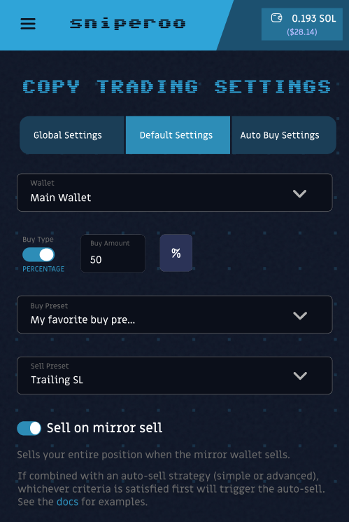 Copytrading is almost here 👀

👛 Add &amp; stalk Mirrors (wallets worth copying)
⚙️ Set your global/default/auto-buy settings
💸 Pair with auto-sell magic (trailing stop loss, grid, etc.)
Copy. Slay. Sell. Repeat.
Sniperoo style 😘