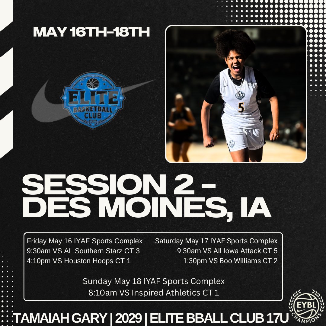 Tamaiah Gary (@tamaiah_gary) on Twitter photo See you in Iowa this weekend!
Session 2 Nike EYCL Champions League
Elite Basketball Club 17U
<a href="/VegasEliteGBB/">Vegas Elite Girls Basketball</a> <a href="/JuliusBarren/">Coach_JuJu</a> <a href="/DaireseG/">Dairese Gary</a> <a href="/ParkaySmooth/">Slimmy Hardaway 🧈</a> <a href="/Christina__Gary/">Christina Gary</a> <a href="/AlbuquerquePrep/">Albuquerque Basketball Prep School</a> <a href="/coach_bmase/">BRANDON MASON</a> See you in Iowa this weekend!
Session 2 Nike EYCL Champions League
Elite Basketball Club 17U
<a href="/VegasEliteGBB/">Vegas Elite Girls Basketball</a> <a href="/JuliusBarren/">Coach_JuJu</a> <a href="/DaireseG/">Dairese Gary</a> <a href="/ParkaySmooth/">Slimmy Hardaway 🧈</a> <a href="/Christina__Gary/">Christina Gary</a> <a href="/AlbuquerquePrep/">Albuquerque Basketball Prep School</a> <a href="/coach_bmase/">BRANDON MASON</a>