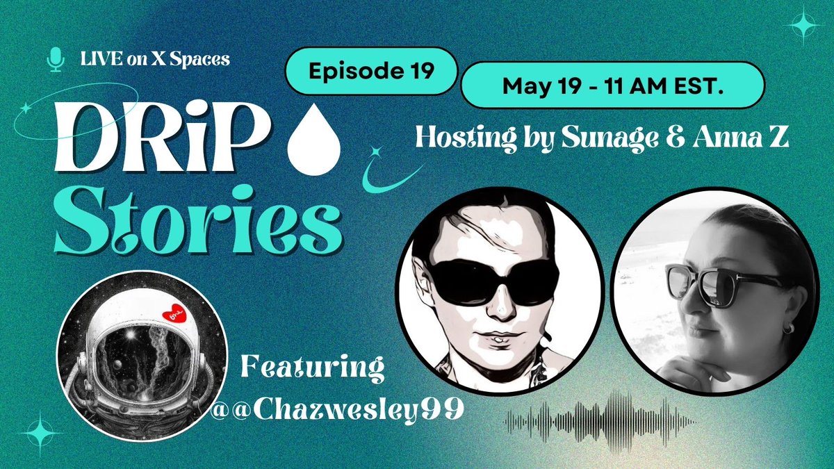 ANNA Z U B A R Ξ V (@annalzubarev) on Twitter photo Set your reminders for next DRiP Stories space Episode 19 featuring <a href="/Chazwesley99/">ᴄʜᴀᴢ | ᴏɴᴇʟᴏᴠᴇᴅᴀᴏ</a>
Next Monday May 19th at 11 am, <a href="/NftSunage/">Sun (sunage.eth) She/her.</a> and get to interview one and only <a href="/Chazwesley99/">ᴄʜᴀᴢ | ᴏɴᴇʟᴏᴠᴇᴅᴀᴏ</a>
Set your reminders and be sure to share this with others!
👇
x.com/i/spaces/1rmxP… Set your reminders for next DRiP Stories space Episode 19 featuring <a href="/Chazwesley99/">ᴄʜᴀᴢ | ᴏɴᴇʟᴏᴠᴇᴅᴀᴏ</a>
Next Monday May 19th at 11 am, <a href="/NftSunage/">Sun (sunage.eth) She/her.</a> and get to interview one and only <a href="/Chazwesley99/">ᴄʜᴀᴢ | ᴏɴᴇʟᴏᴠᴇᴅᴀᴏ</a>
Set your reminders and be sure to share this with others!
👇
x.com/i/spaces/1rmxP…