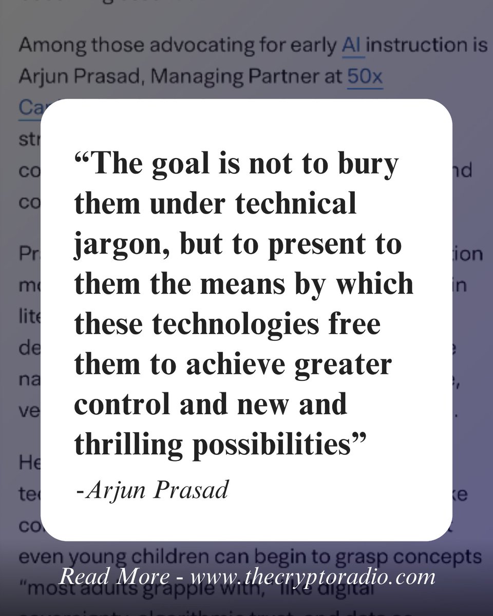Arjun Prasad (@arjunprasad_ap1) on Twitter photo The UAE is now teaching AI from age 4, a huge leap forward. But to truly prep kids for the future, we need to add blockchain too. It's about ownership, identity & turning kids into creators, not just consumers. Grateful to share thoughts in this piece: thecryptoradio.com/UAE-rolls-out-… The UAE is now teaching AI from age 4, a huge leap forward. But to truly prep kids for the future, we need to add blockchain too. It's about ownership, identity & turning kids into creators, not just consumers. Grateful to share thoughts in this piece: thecryptoradio.com/UAE-rolls-out-…