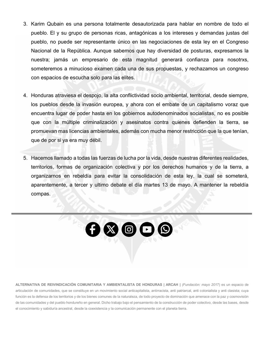 🛑Desde ARCAH rechazamos enérgicamente la propuesta de Ley de Fomento a las Inversiones por Medio a la Eficiencia de los Procesos de Licenciamiento Ambiental. 

Lee nuestro comunicado: 👇🏽👇🏽