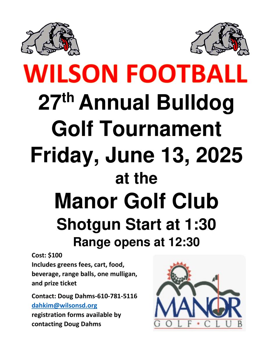 Wilson Bulldogs Football (@wilsonbulldogs) on Twitter photo 🏈⛳🐾 Calling all golfers! It's time to register for the 27th annual Wilson Football golf tournament, taking place on Fri 6/13 at <a href="/manorgolfinc/">Manor Golf Club</a>! Cost is $100 per player and we are in need of teams. Shotgun start at 1:30 pm. Sponsorship opportunities are also available. Contact 🏈⛳🐾 Calling all golfers! It's time to register for the 27th annual Wilson Football golf tournament, taking place on Fri 6/13 at <a href="/manorgolfinc/">Manor Golf Club</a>! Cost is $100 per player and we are in need of teams. Shotgun start at 1:30 pm. Sponsorship opportunities are also available. Contact
