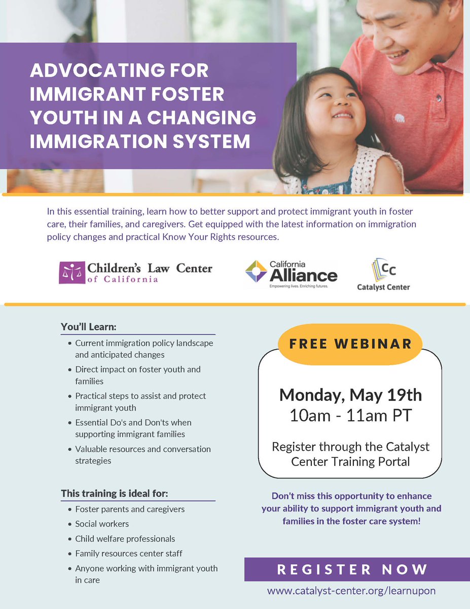 Join us May 19, 10-11am PT for a webinar on supporting immigrant foster youth in a shifting immigration landscape. Foster parents, social workers &amp; advocates—don’t miss this!

Key Takeaways:

• Latest policy changes &amp; their impact on foster youth
• Actionable strategies to
