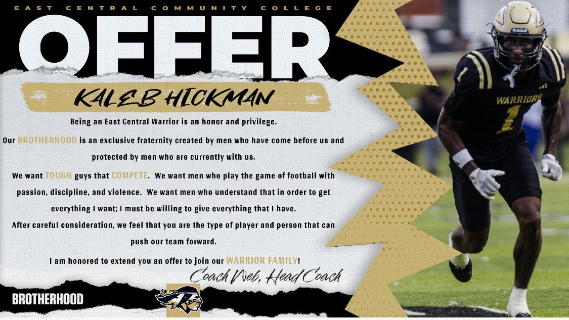 Kaleb Hickman (@kaleb_hickman24) on Twitter photo After a great conversation with <a href="/Coach__Pratt/">Travor</a>, i'm blessed to receive my first Collegiate offer from <a href="/eccc_football/">East Central Warrior Football 🏈</a>!
#AGTG <a href="/Coach_McCannHHS/">Steve McCann</a> <a href="/CoachBLott/">Brooks Lott</a> <a href="/TaylorJ_72/">Taylor Johnson</a> After a great conversation with <a href="/Coach__Pratt/">Travor</a>, i'm blessed to receive my first Collegiate offer from <a href="/eccc_football/">East Central Warrior Football 🏈</a>!
#AGTG <a href="/Coach_McCannHHS/">Steve McCann</a> <a href="/CoachBLott/">Brooks Lott</a> <a href="/TaylorJ_72/">Taylor Johnson</a>