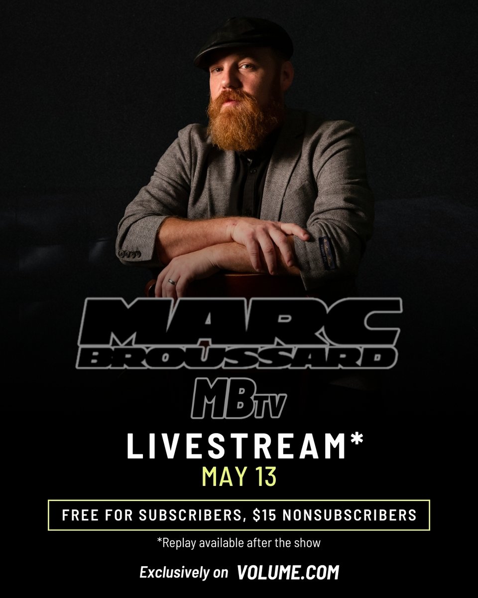 Volume.com (@getonvolume) on Twitter photo Join us tonight, May 13th at 7pm CT for the first MB TV livestream on <a href="/MarcBroussard/">Marc Broussard</a>'s new community channel on <a href="/GetOnVolume/">Volume.com</a>! And, if you can't make it live, there's a replay available.
🎟️: bit.ly/MBTV-0513 Join us tonight, May 13th at 7pm CT for the first MB TV livestream on <a href="/MarcBroussard/">Marc Broussard</a>'s new community channel on <a href="/GetOnVolume/">Volume.com</a>! And, if you can't make it live, there's a replay available.
🎟️: bit.ly/MBTV-0513