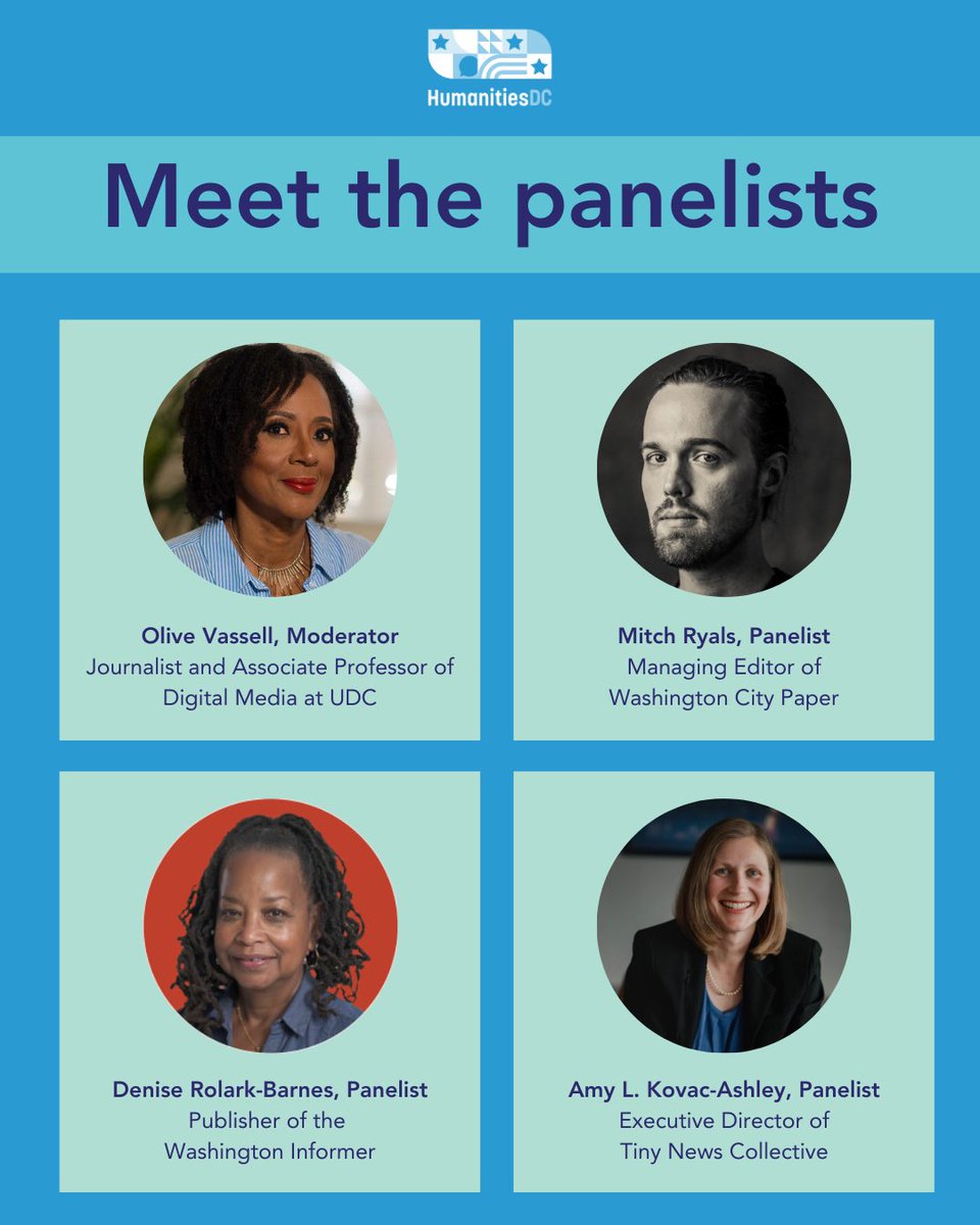 WashInformer's tweet image. Join @HumanitiesDC for a powerful panel on the future of journalism in DC &amp;amp; nationwide. Featuring Amy L. Kovac-Ashley, Mitch Ryals, Denise Rolark-Barnes &amp;amp; moderated by Olive Vassell. Don’t miss it! #DCJournalism #MediaMatters