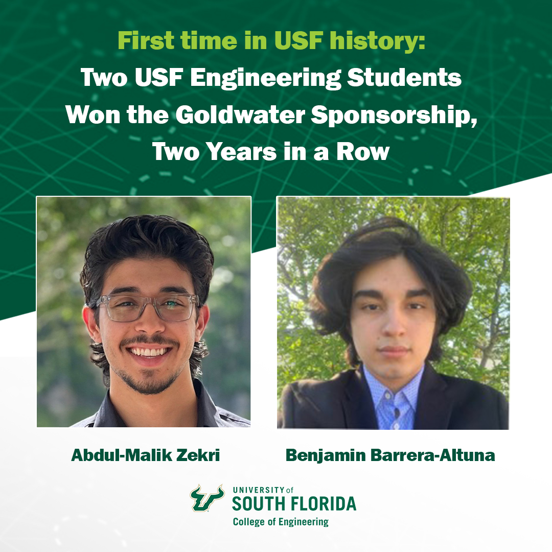 EngineeringUSF's tweet image. 🚨 For the 1st time in #USFEngineering history, 2 students have won Barry Goldwater Scholarships 2 years in a row! 🏆Congrats to Abdul-Malik Zekri &amp;amp; Benjamin Barrera-Altuna!

 🔗Full story at: bit.ly/438Bnqs
#usf #engineeringexcellence #usfcoe #ai
