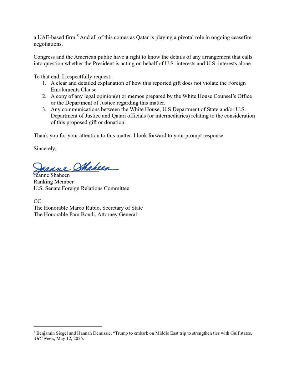 Senate Foreign Relations Committee (@sfrcdems) on Twitter photo "Congress & the American public have a right to know the details of any arrangement that calls into question whether the president is acting on behalf of US interests & US interests alone." -<a href="/SenatorShaheen/">Sen. Jeanne Shaheen</a>
Her full letter on reports of <a href="/POTUS/">President Donald J. Trump</a> accepting a luxury jet from Qatar⬇️ "Congress & the American public have a right to know the details of any arrangement that calls into question whether the president is acting on behalf of US interests & US interests alone." -<a href="/SenatorShaheen/">Sen. Jeanne Shaheen</a>
Her full letter on reports of <a href="/POTUS/">President Donald J. Trump</a> accepting a luxury jet from Qatar⬇️