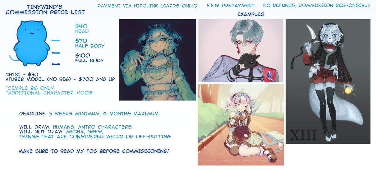 8tinywind8's tweet image. comms open!
DM me if interested 💙
before commissioning please read my TOS: docs.google.com/document/d/1VB…
RTs are highly appreciated 🥹🙏
#commsopen