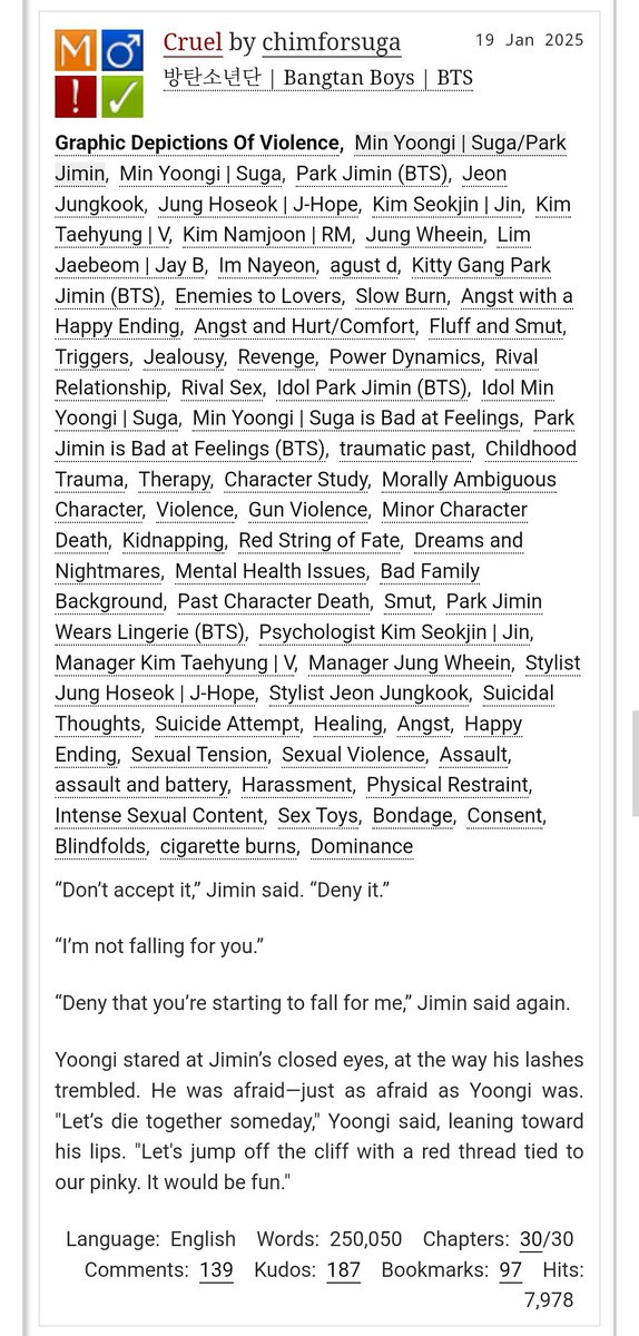 faIlingbyjk's tweet photo. @ao3org Cruel by chimforsuga - 방탄소년단 | Bangtan Boys | BTS https://t.co/FhMthHjEGN via @ao3org  #yoonmin #yoonminau https://t.co/7hJSxya0PC