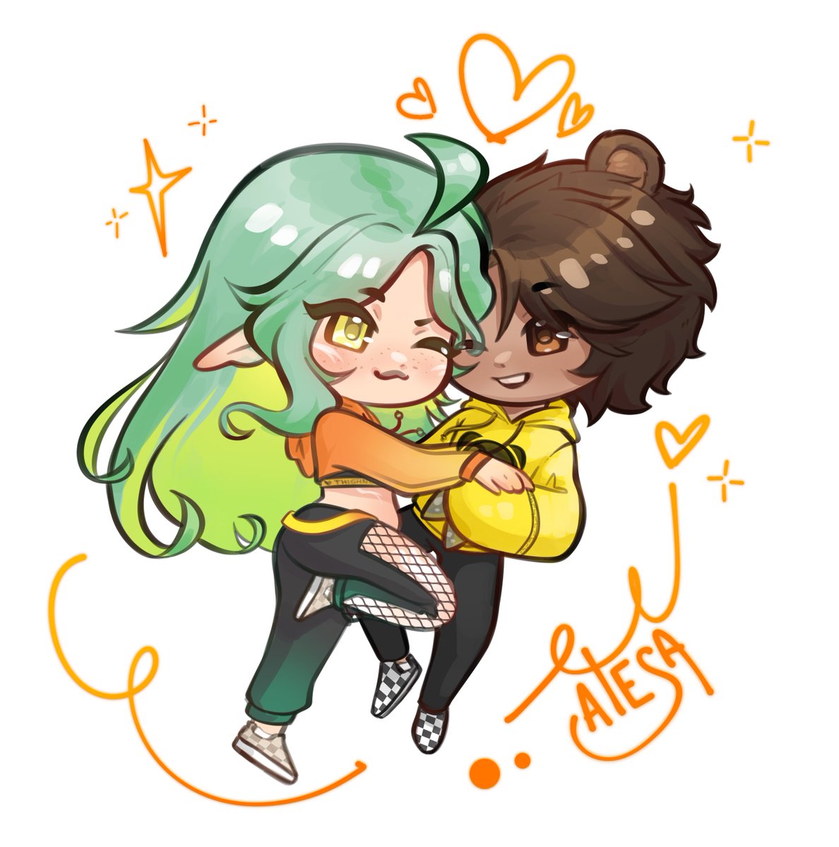 #VGenComm  Couple of sketchy chibis for <a href="/fawnuna/">Fawnuna ✨️</a> :D
I've been experimenting what to do with the background so I dont die but they dont look too empty either, I think I'm getting there