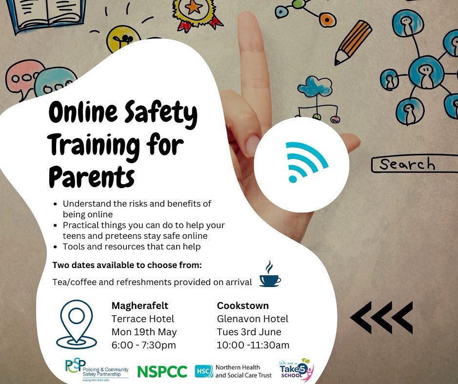 Online Safety Training for Parents event.
Learn how to protect your Children online, understand the risks &amp; benefits, and discover practical tools and resources to keep them safe.
Join us:
Magherafelt - Terrace Hotel
Monday 19th May | 6:00–7:30pm