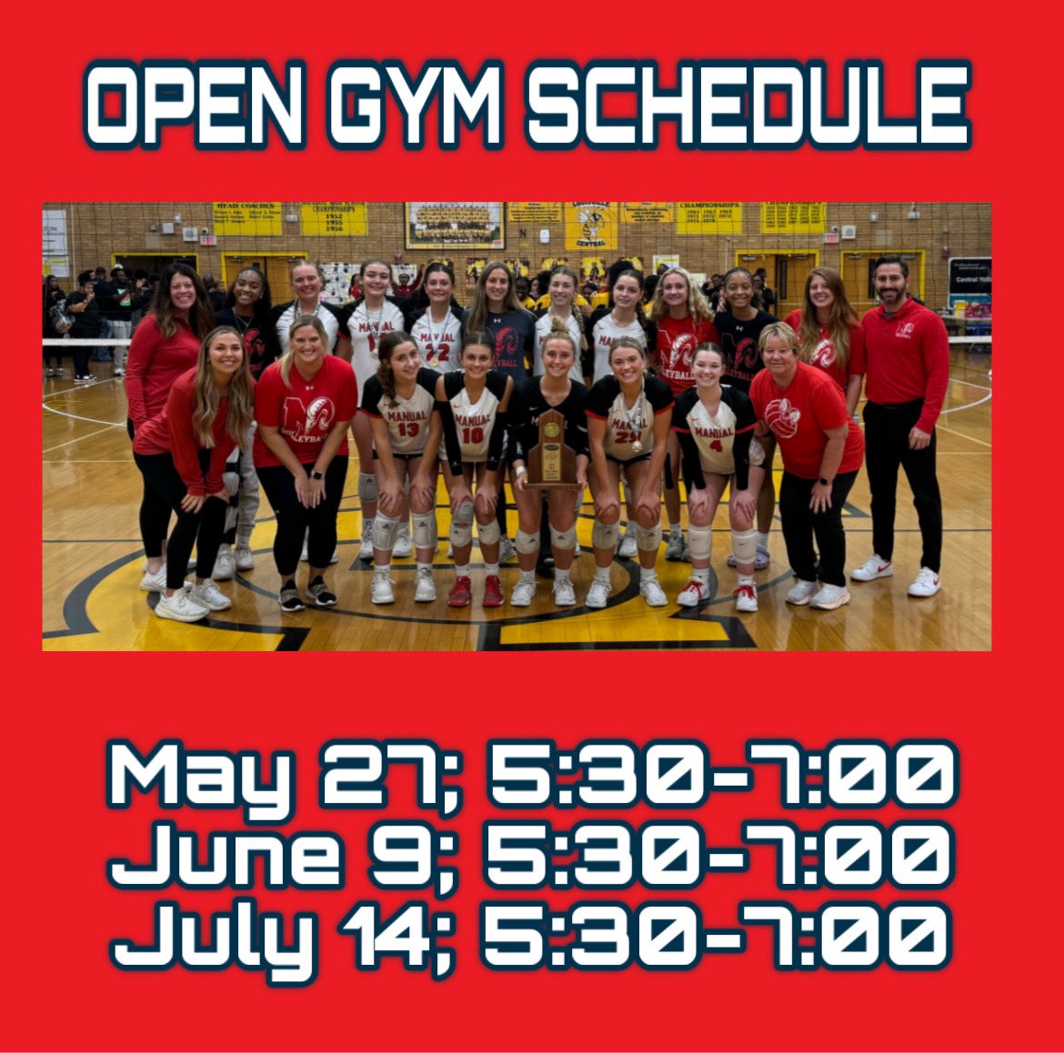 It’s about that time! ⏰ Mark your calendars for our 3 open gyms before tryouts. Doors open 15 minutes prior to start time. Hope to see you there!