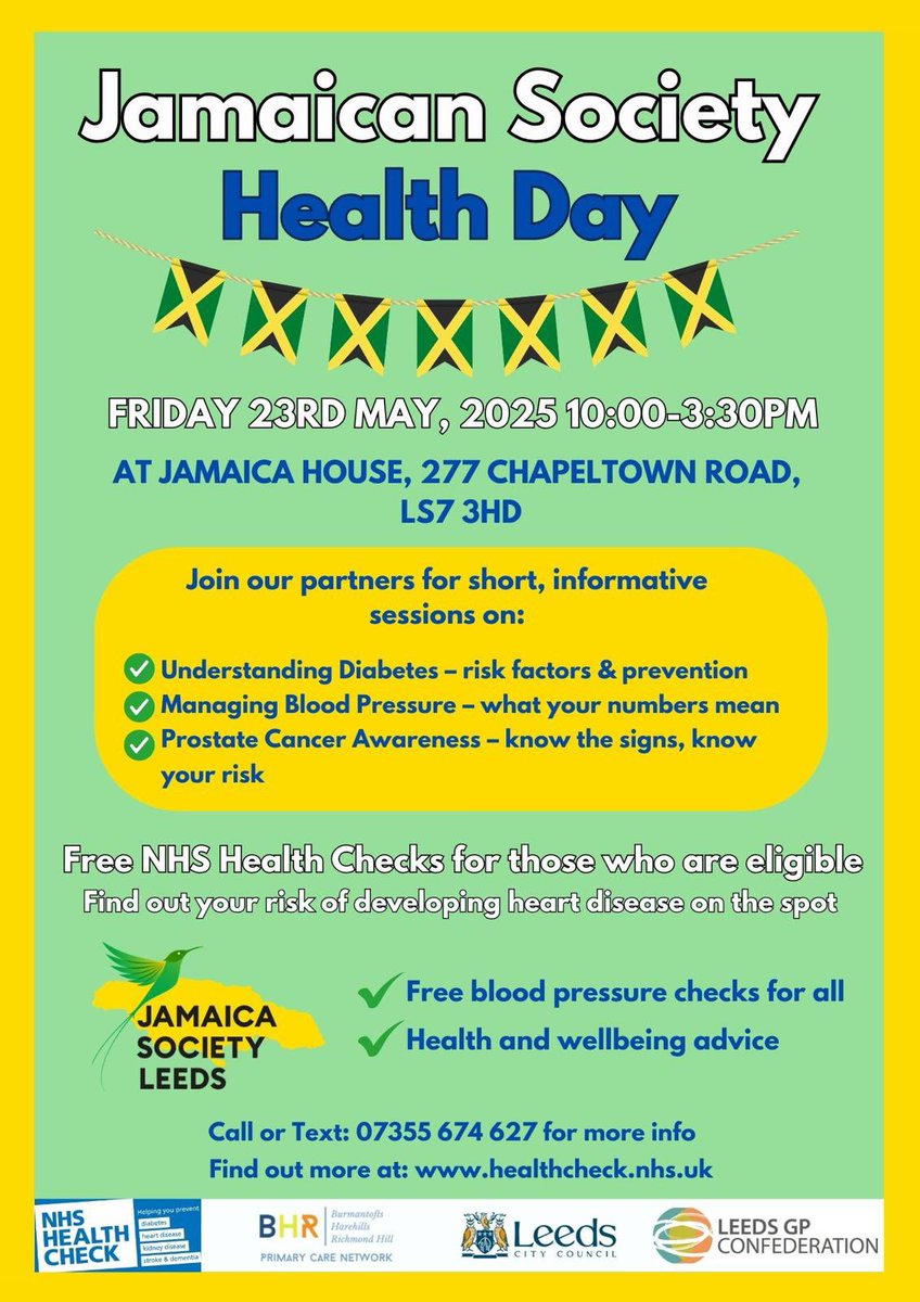 Join us at Jamaica House for Health Check Day! 🩺🏥 Friday 23 May from 10am-3.30pm

The Society in partnership with #NHS Health Check invites persons ages 40-70 for a free medical check up. 

Haven’t had a #health check in a while? This is for you
#Chapeltown 
#Leeds 
#lifestyle