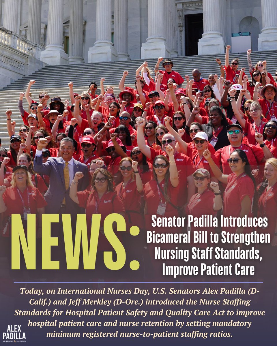 Senator Alex Padilla (@senalexpadilla) on Twitter photo Every patient deserves access to quality care, but the nurse staffing crisis across the country is putting patients at risk and leading to preventable health complications.
That’s why I introduced a bill with <a href="/SenJeffMerkley/">Senator Jeff Merkley</a> to support our nursing workforce and to ensure Every patient deserves access to quality care, but the nurse staffing crisis across the country is putting patients at risk and leading to preventable health complications.
That’s why I introduced a bill with <a href="/SenJeffMerkley/">Senator Jeff Merkley</a> to support our nursing workforce and to ensure