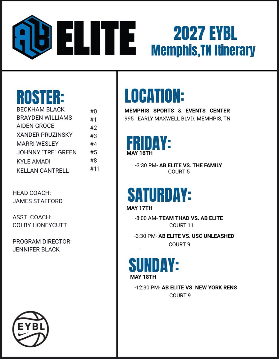 AB Elite 2027 has a team full of talent and guys who play the right way! Hope to see some Coaches out at our games this weekend in Memphis!