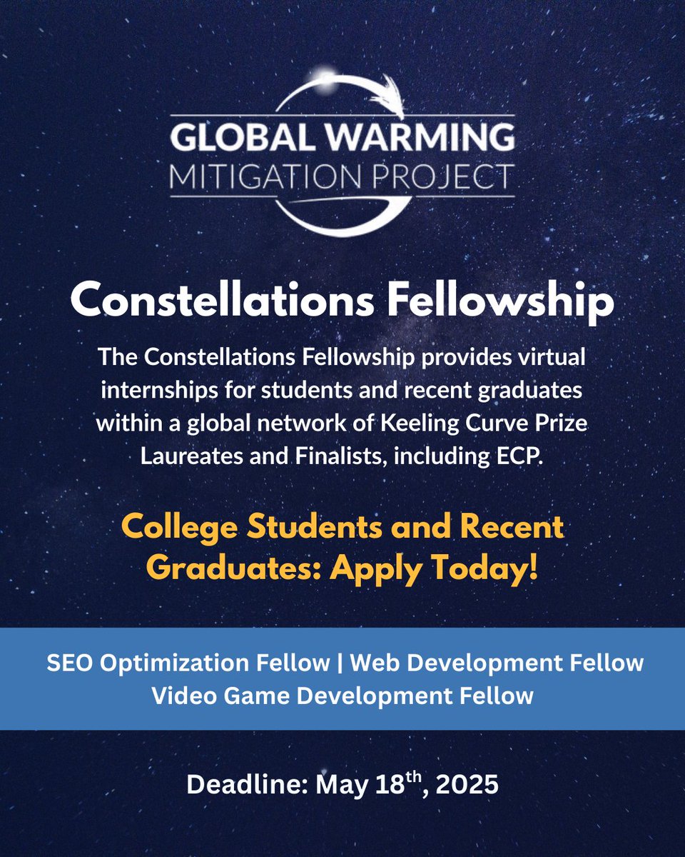 🌍 Calling all current students and recent graduates! The Global Warming Mitigation Project Constellations Fellowship connects you with real-world, remote #internships at Keeling Curve Prize Laureates like us, the Educated Choices Program.
globalwarmingmitigationproject.org/constellations…