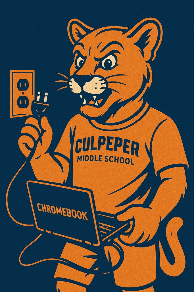 CCPSCMS's tweet image. 📣 Hey Culpeper Middle Cougars! 🐾 SOL math test is tomorrow! 💻💪 Played this sweet jam for your students to help them remember to charge those Chromebooks 🔌🎶 Let’s crush it tomorrow! ✅ Rest ✅ Breakfast ✅ Charged 💻 youtu.be/z9Z54kvy9Bo #CaringMotivatedSuccessful