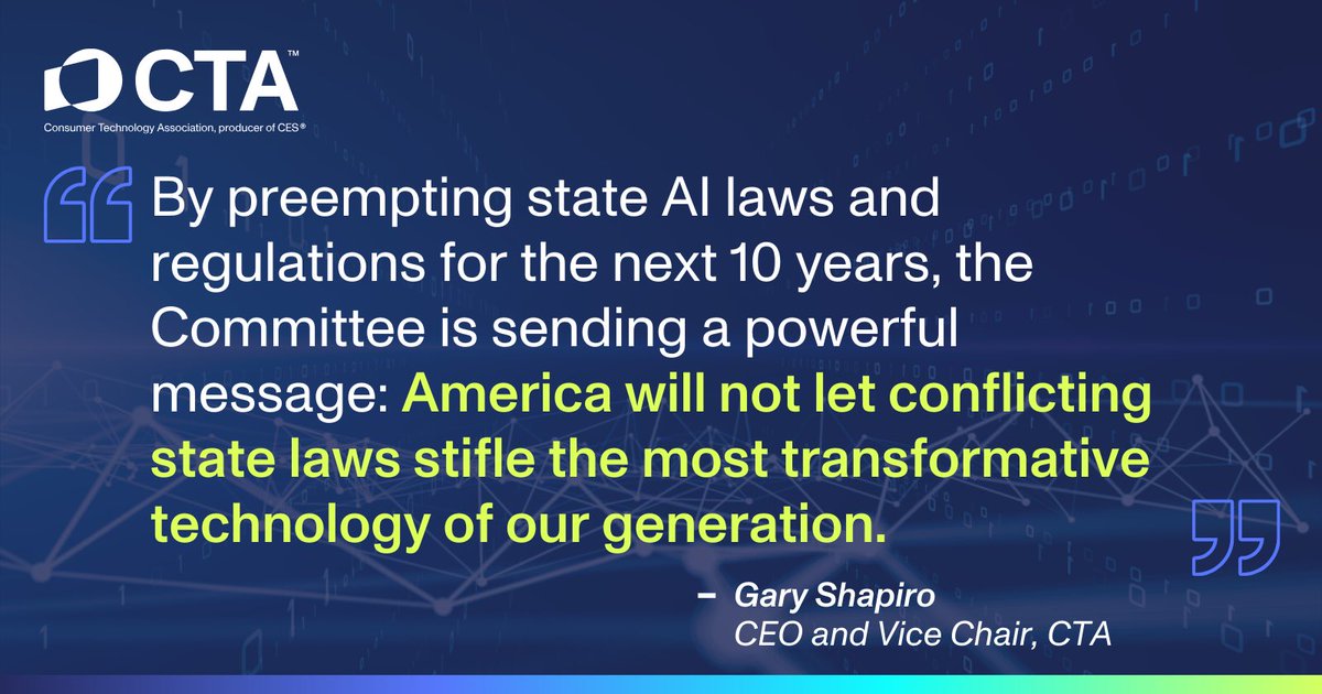 John E. Mitchell II (@johnemitchellii) on Twitter photo CTA applauds <a href="/RepGuthrie/">Rep. Brett Guthrie</a> & the E&C Committee leadership for recognizing that a patchwork approach to AI regulation hurts innovation, growth, and American competitiveness. 🎯 CTA applauds <a href="/RepGuthrie/">Rep. Brett Guthrie</a> & the E&C Committee leadership for recognizing that a patchwork approach to AI regulation hurts innovation, growth, and American competitiveness. 🎯