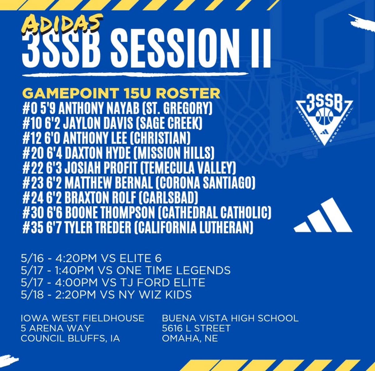 Looking forward to <a href="/3SSBCircuit/">3Stripes Select Basketball</a> this weekend with my <a href="/GamepointNation/">Gamepoint Basketball</a> brothers. Schedule shown here: