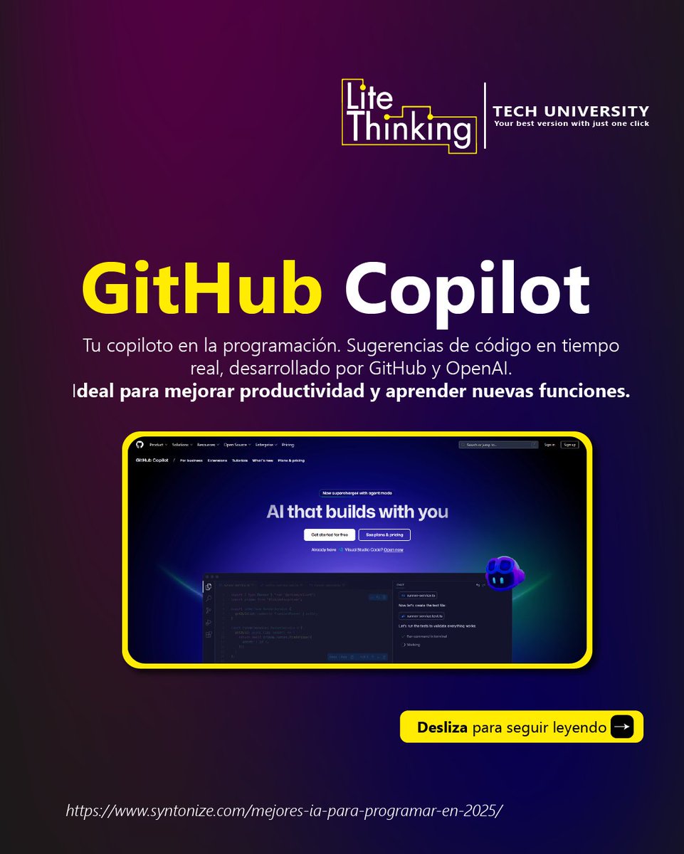ThinkingLite's tweet image. La IA está revolucionando la programación. Con herramientas como Copilot, Tabnine o CodeWhisperer puedes escribir código más rápido y eficiente. En Lite Thinking te enseñamos a dominar estas tecnologías. 🚀

#LiteThinking #IAparaProgramadores #GitHubCopilot #Tabnine