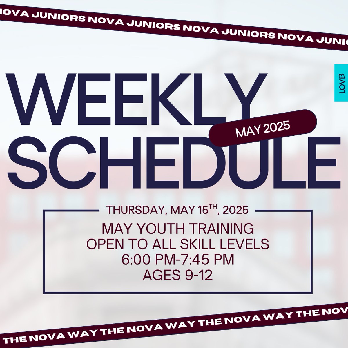 Check out this week’s schedule! Our May Youth Training Series is open for ages 9–12 and all skill levels — register today! Come train the NOVA way — we can’t wait to see you there!

🔗 linktr.ee/novajuniors

#theNOVAway #WTD #LOVBclub