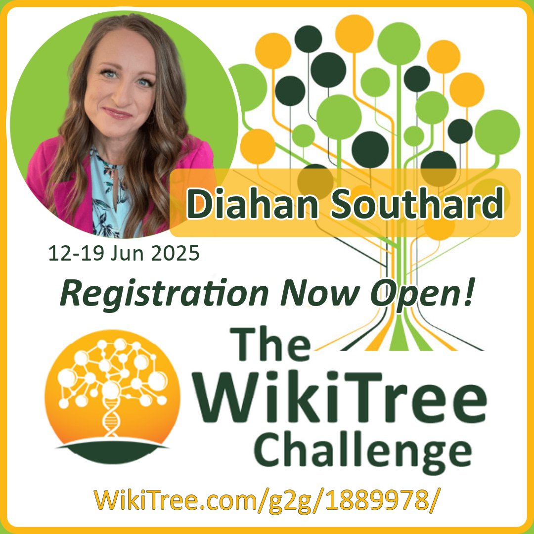 🧬 Registration OPEN for WikiTree Challenge #5! 
June 12-19: Research the family tree of genetic genealogy expert Diahan Southard of #YourDNAGuide! 
Where Genealogists Collaborate—no special skills needed! 
Register: WikiTree.com/g2g/1889978/ #CollaborativeGenealogy <a href="/DNAdiahan/">Diahan Southard</a>