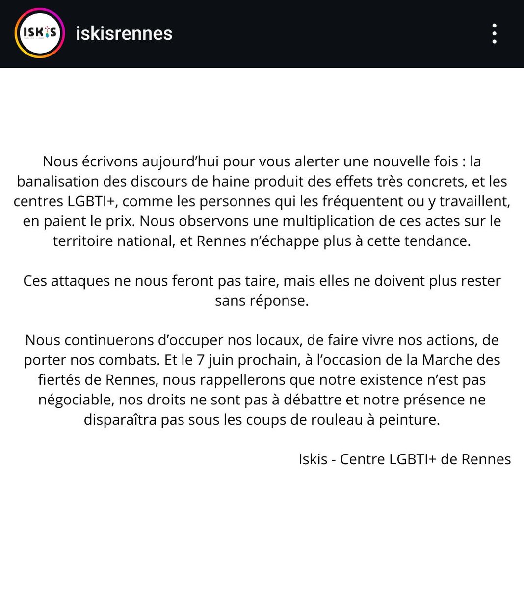 🏳️‍🌈Soutien au Centre LGBTI de Rennes qui a subi une 2e attaque en dix jours

Chaque dégradation contre un local lgbti, de femmes, d'aide aux migrants, chaque attentat comme celui à la bombe contre le Centre de Tours en 2023, renforcent notre solidarité à faire vivre ces lieux.