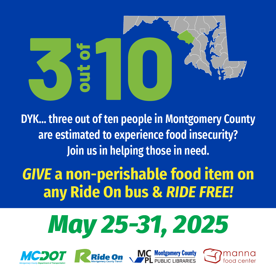 RideOnMCT's tweet photo. Help us fight hunger in our community! Manna Food Center and Ride On are teaming up from May 25-31 to collect non-perishable food donations across Montgomery County. Every donation makes a difference. Go to https://t.co/3GG4woXslZ for more info. @MannaFoodCenter @MCDOTNow https://t.co/BANyPFgU85