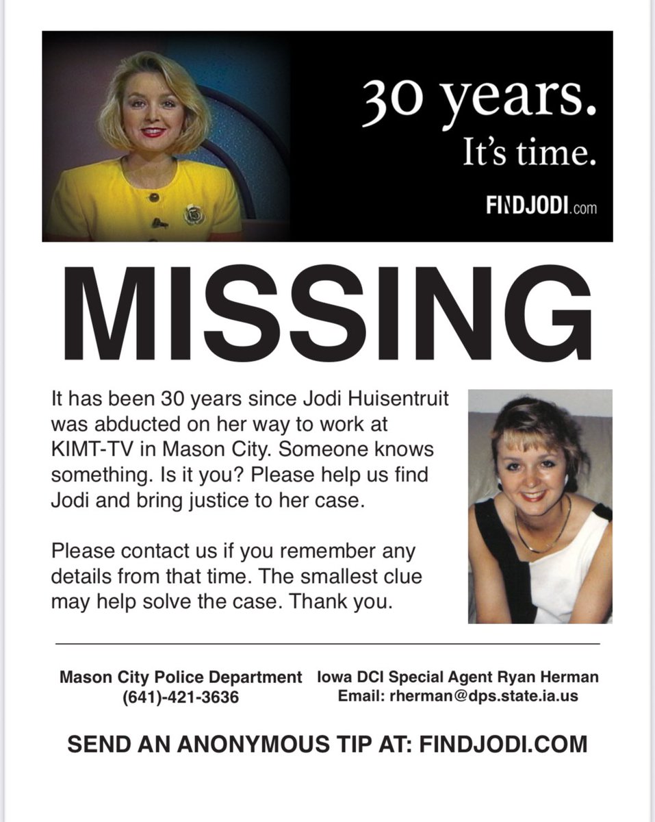 Join the journey to help find Jodi Huisentruit by posting our updated #FindJodi flyer on your social media or local bulletin boards, especially in north Iowa or southern Minnesota. #JodiHuisentruit #30years #missingpersons