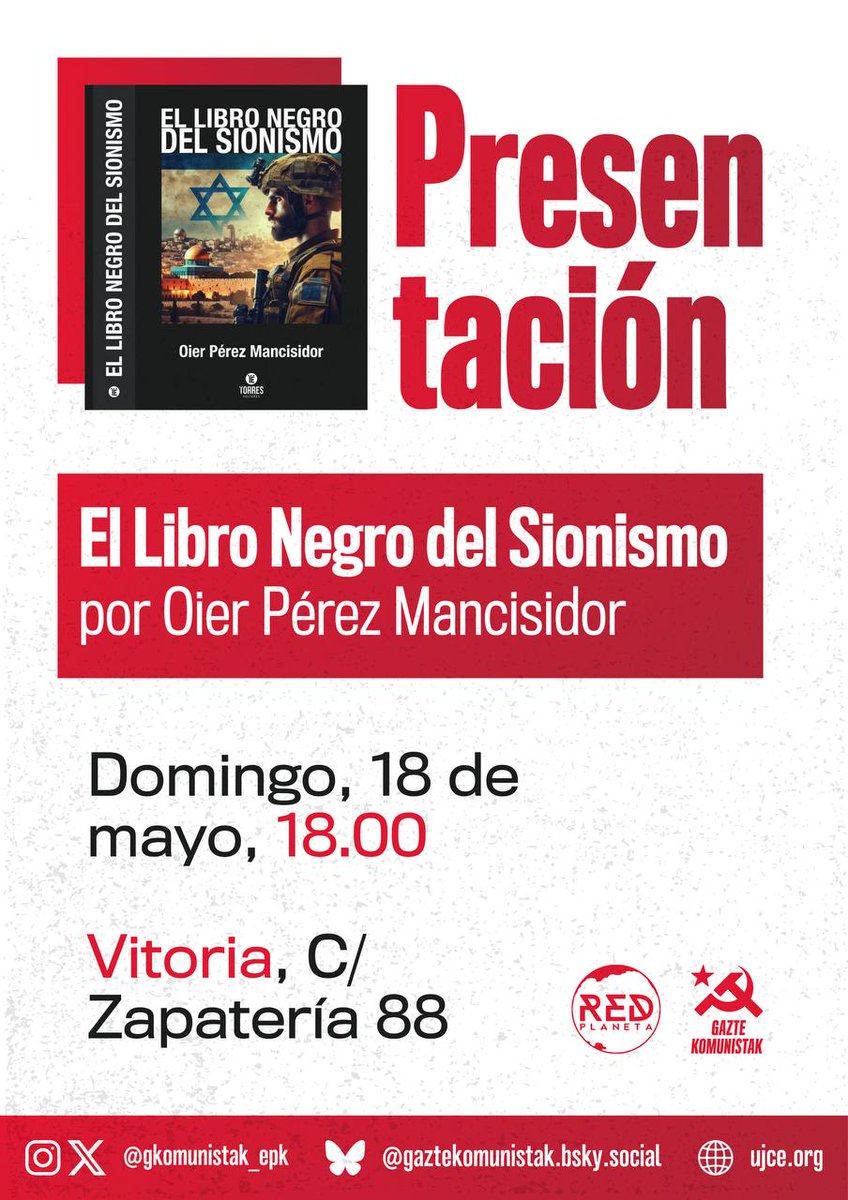 Red Planeta (@redplaneta2) on Twitter photo Como ya os comentamos, este mes de mayo viene cargadito de presentaciones y este domingo, a las 18:00, estaremos en Gasteiz presentando el Libro Negro del Sionismo en el local de <a href="/gkomunistak_epk/">Gazte Komunistak</a> Como ya os comentamos, este mes de mayo viene cargadito de presentaciones y este domingo, a las 18:00, estaremos en Gasteiz presentando el Libro Negro del Sionismo en el local de <a href="/gkomunistak_epk/">Gazte Komunistak</a>
