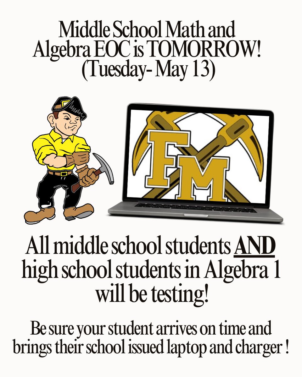 Fort Meade Mid/Sen (@fmmshs) on Twitter photo As a reminder - Middle School Math and Algebra 1 students will be taking their math Assessment tomorrow, Tuesday, May 13th!  Be sure your student gets a great night sleep, arrives to school by 7am, and has their fully charged laptop and charger. As a reminder - Middle School Math and Algebra 1 students will be taking their math Assessment tomorrow, Tuesday, May 13th!  Be sure your student gets a great night sleep, arrives to school by 7am, and has their fully charged laptop and charger.