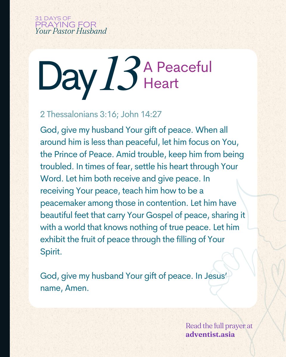 adventistasia's tweet photo. #Peace is not the absence of problems, but the presence of God.
Pray that your husband’s heart stays anchored in divine peace amidst the noise.
📌 Comment “Peace of Christ” and read the full prayer at https://t.co/FobtUBFaDc
#InnerPeace #PrinceOfPeace #31DaysOfPrayer https://t.co/eHT9MMkpDw