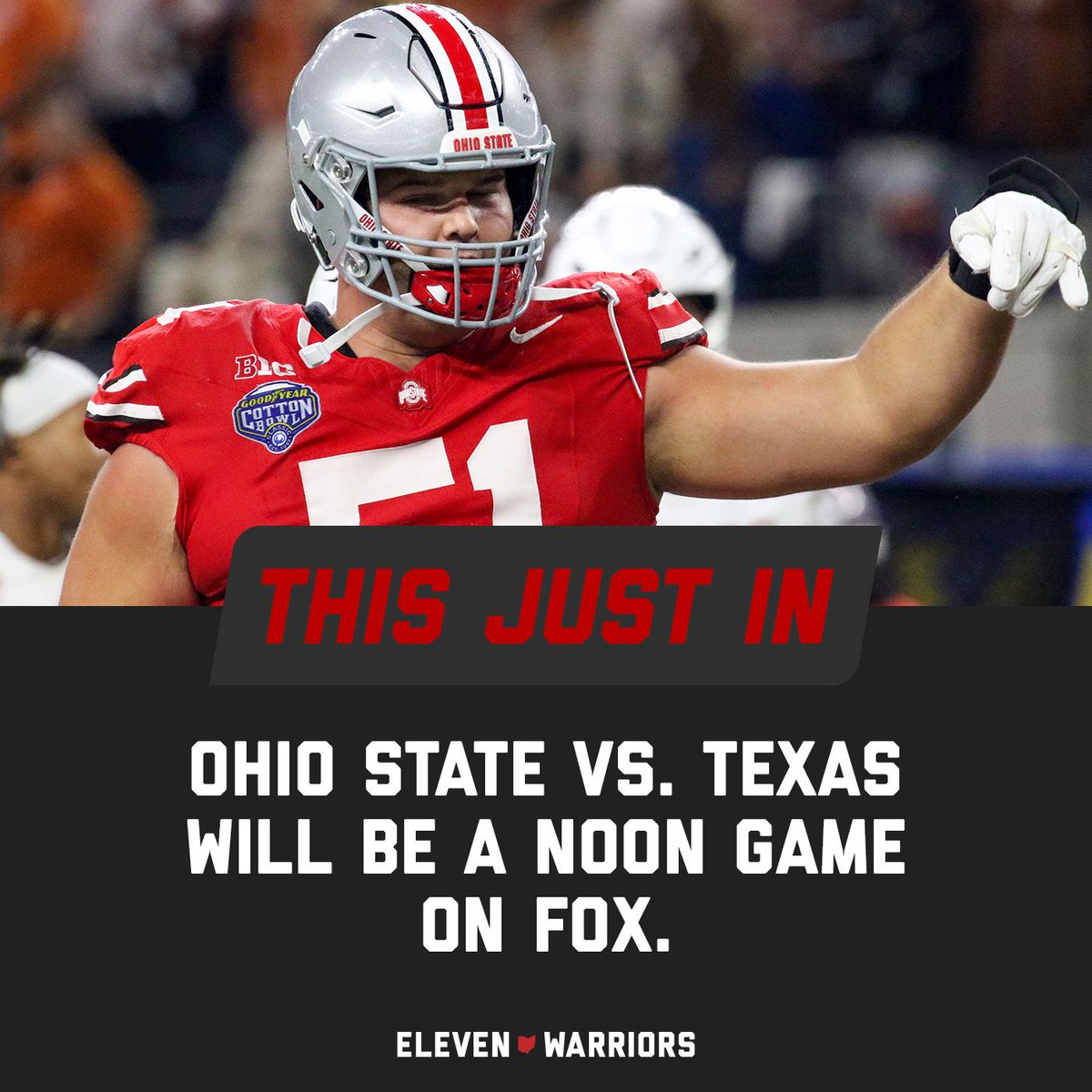 11W's tweet image. It’s confirmed: Ohio State’s season opener vs. Texas will be a noon game on FOX. 11w.rs/43pS5CV