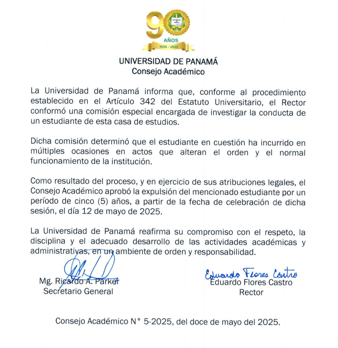 UNIVERSIDAD_PMA's tweet image. Consejo Académico aprobó expulsión de estudiante universitario, por incurrir en actos que alterar el orden y funcionamiento de la institución