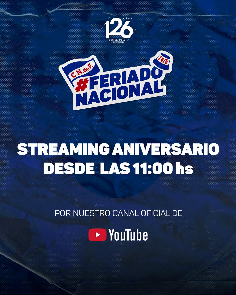 🎉 ¡Este miércoles 14/05 súmate a festejar los 126 años del Decano a través de nuestro streaming en vivo por nuestro canal de YouTube! 📺

📲 Suscribite ahora: youtube.com/@clubnacionald…

#FeriadoNacional 🔵⚪️🔴