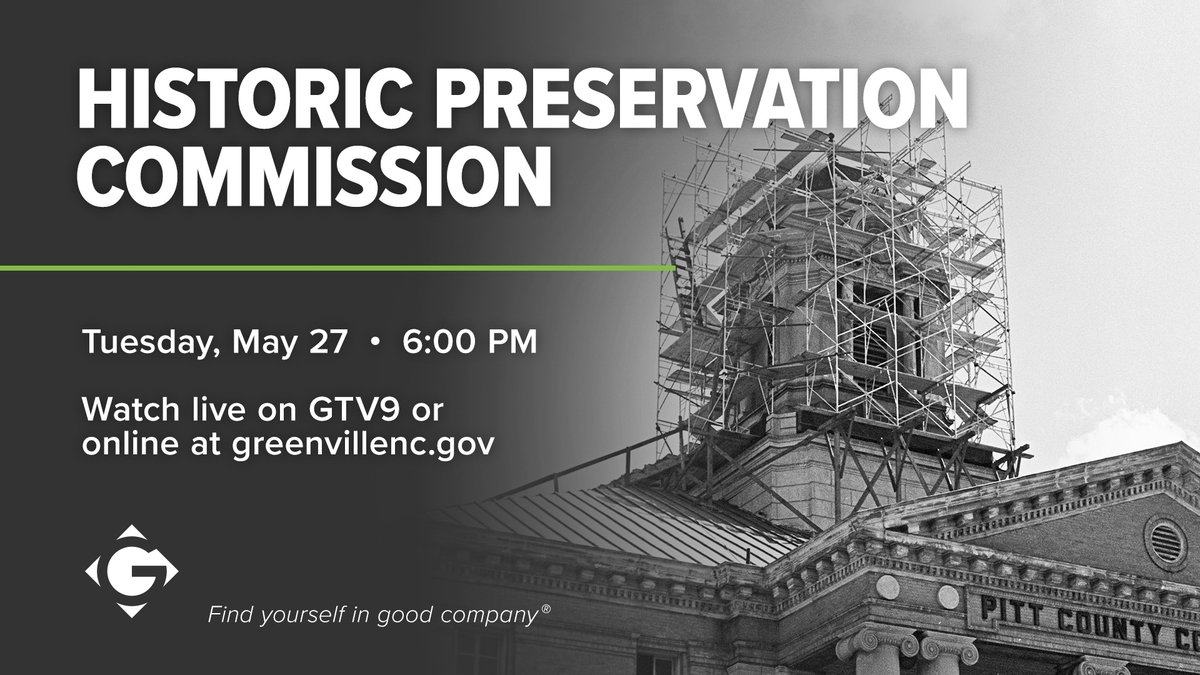 The Historic Preservation Commission will meet today, Tuesday, May 27 at 6:00 PM.

Watch live on GTV9 or stream online at greenvillenc.gov

For more information: greenvillenc.gov/government/cit…