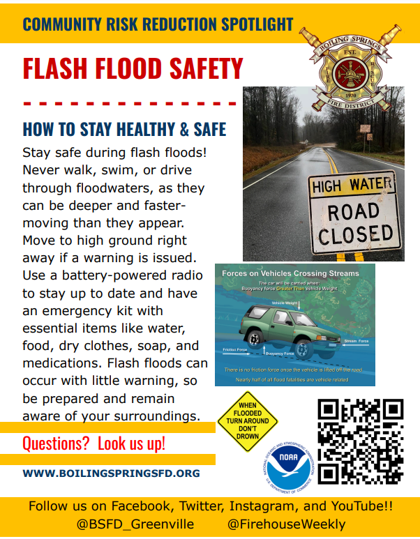 <a href="/BSFD_Greenville/">Boiling Springs Fire District</a> Community, with increased rainfall this week, flash flood risks are high. Remember: never drive through flooded roadways—Turn Around, Don’t Drown!
Stay alert, stay safe, and check local forecasts before you travel.
#TurnAroundDontDrown #CommunityRiskReduction