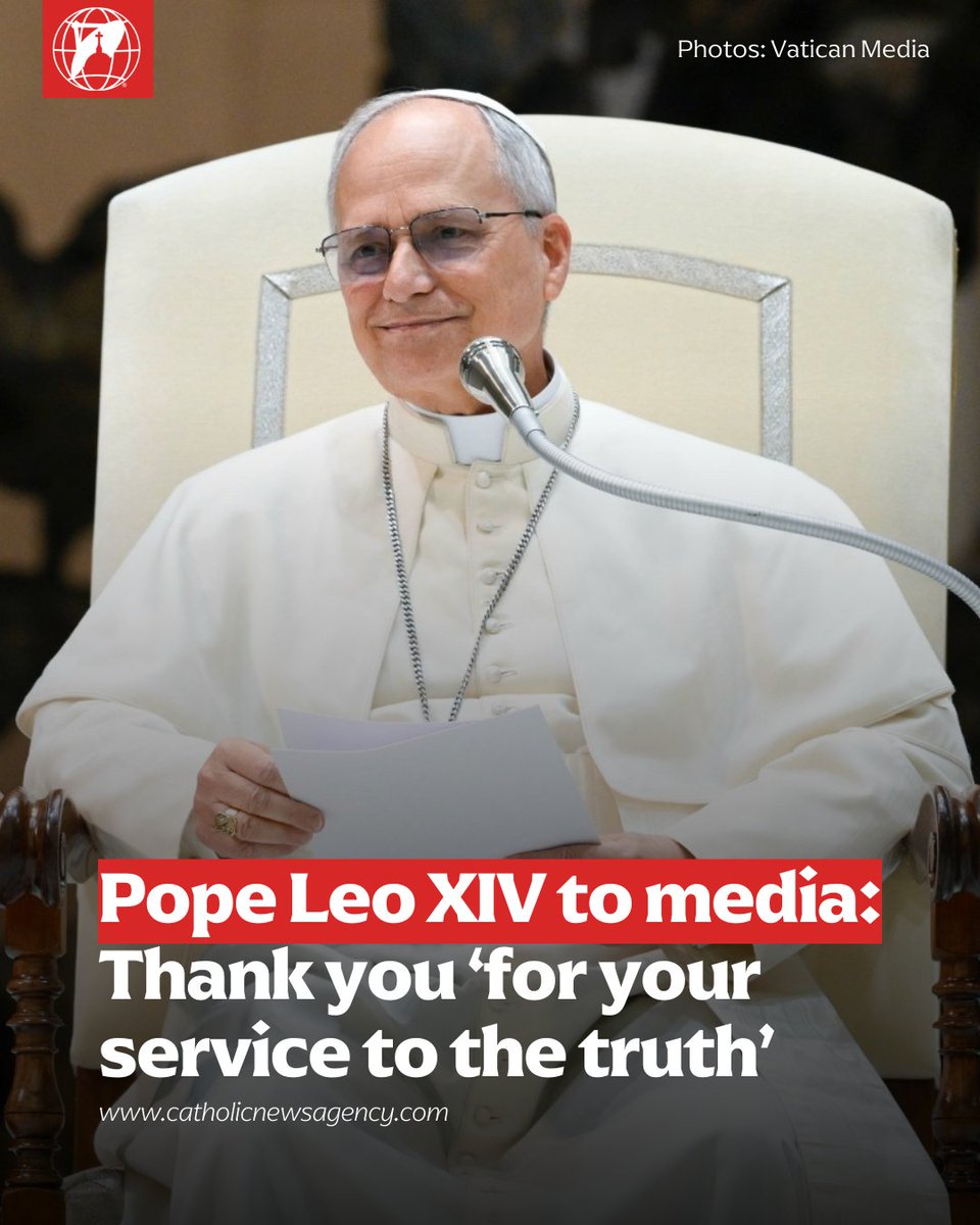 EWTNews's tweet photo. In his first address to international media on Monday, Pope Leo XIV thanked journalists for their service to the truth and for communicating peace in difficult times.

“We are living in times that are both difficult to navigate and to recount. They present a challenge for all of us, but it is one that we should not run away from,” Leo said in the Pope Paul VI Audience Hall on May 12. “On the contrary, they demand that each one of us, in our different roles and services, never give in to mediocrity.”

“Thank you, dear friends, for your service to the truth,” he said, also underlining the importance of preserving free speech and the free press.

In one of his first audiences, Pope Leo XIV met with several thousand members of the international press to thank them for their “long and tiring days” of work over the last few weeks as they reported on Pope Francis’ death, funeral, and the conclave.

Before his prepared remarks in Italian, the new pope spoke in English, thanking everyone for the warm reception and the applause. 

“They say when they clap at the beginning it doesn’t matter much… If you are still awake at the end, and still want to applaud… Thank you very much!” Leo said.

Turning to the present moment, Leo said: “The Church must face the challenges posed by the times. In the same way, communication and journalism do not exist outside of time and history. St. Augustine reminds of this when he said, ‘Let us live well, and the times will be good. We are the times’ (Discourse 311).”

The pontiff, elected May 8, also emphasized the important role of communications for promoting peace. 

“In the Sermon on the Mount, Jesus proclaimed: ‘Blessed are the peacemakers’ (Mt 5:9). This is a beatitude that challenges all of us, but it is particularly relevant to you, calling each one of you to strive for a different kind of communication, one that does not seek consensus at all costs, does not use aggressive words, does not follow the culture of competition, and never separates the search for truth from the love with which we must humbly seek it,” Leo said. https://t.co/JtH36bSDBj

#PopeLeoXIV
