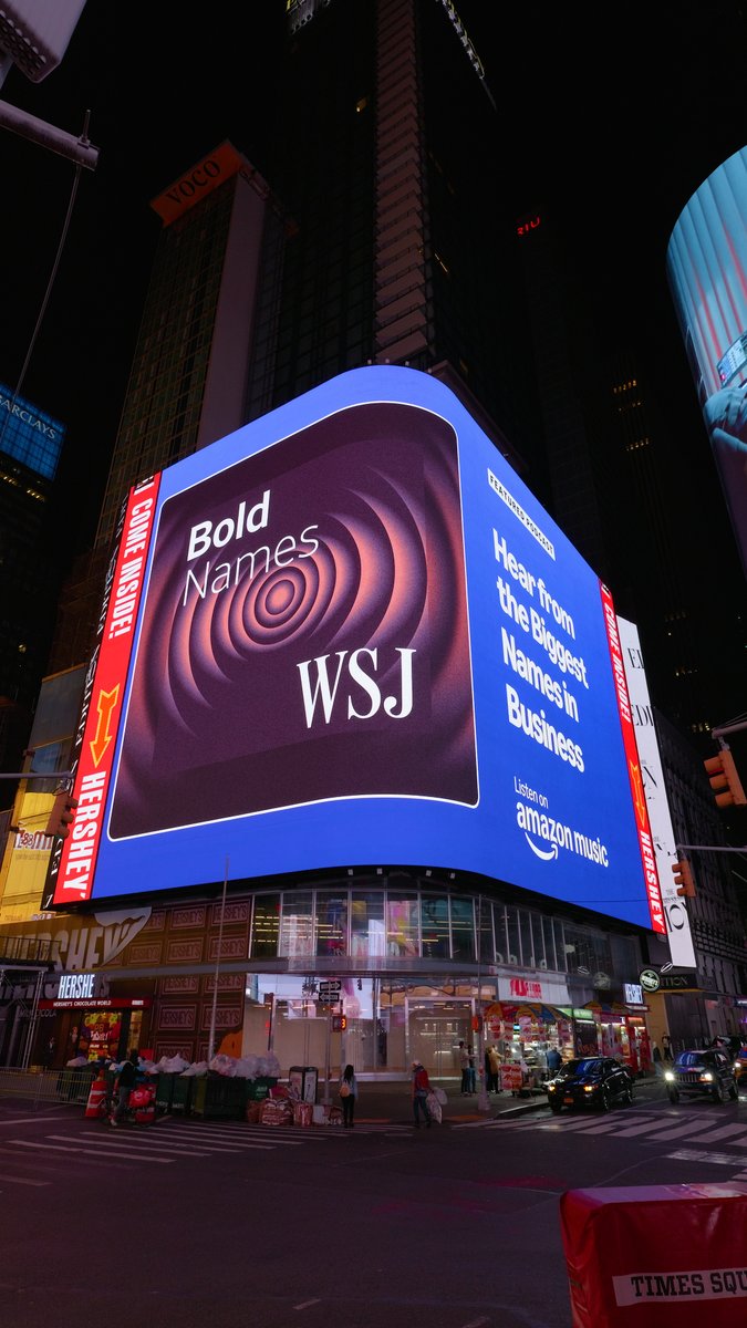 WSJPR's tweet image. ICYMI: @playmorepods & @amazonmusic are spotlighting @WSJ's ‘Bold Names’ Podcast on their Times Square billboard this week. Listen to the podcast on Amazon Music here: bit.ly/4mcQxDK