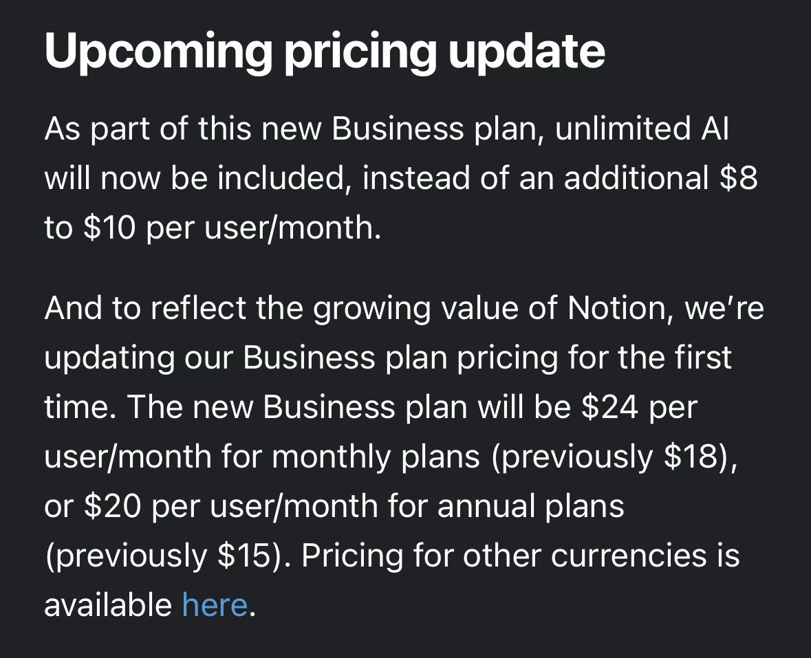 ShedworksGreg's tweet image. Thanks Notion - ‘this shitty feature you didn’t want was $8 per month but is ‘free’ now! Btw also we’re increasing your monthly rate by $6’