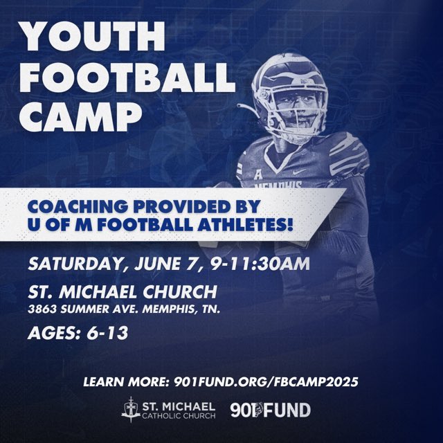 There are still spots open for the FREE 901 Fund x St. Michael Church Youth Football Camp! 🏈 Coached by current Memphis football players — don’t miss it! @901Fund #ad #GTG
 
Register your future Tiger today: 901fund.org/fbcamp2025