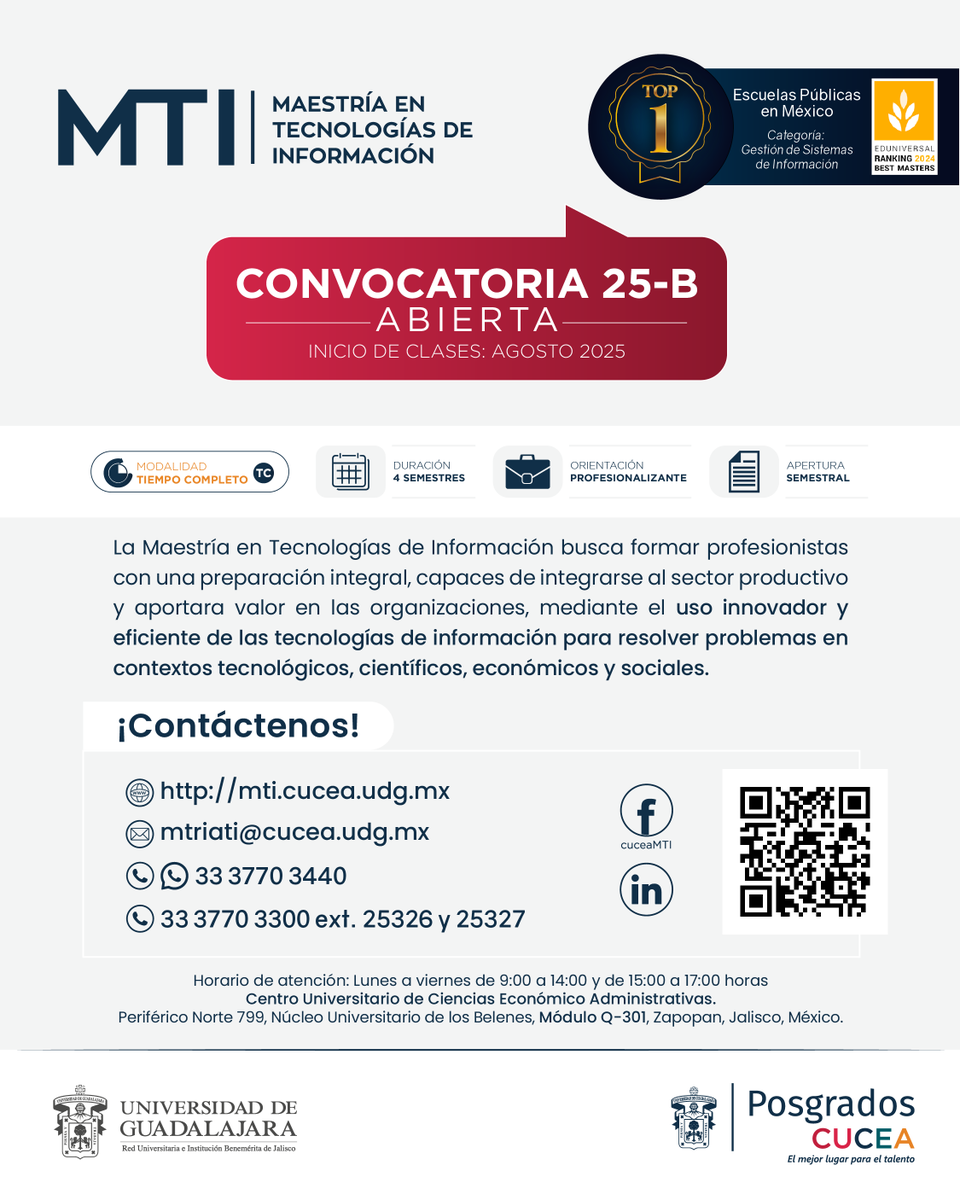 🌟 ¿Para qué estudiar un posgrado?
Para crecer, innovar con tecnología y liderar la transformación digital.

👉 Conoce más sobre este programa: Maestría en Tecnologías de Información 
🔗 mti.cucea.udg.mx

#PosgradosCUCEA
#DecisionesQueTransforman
