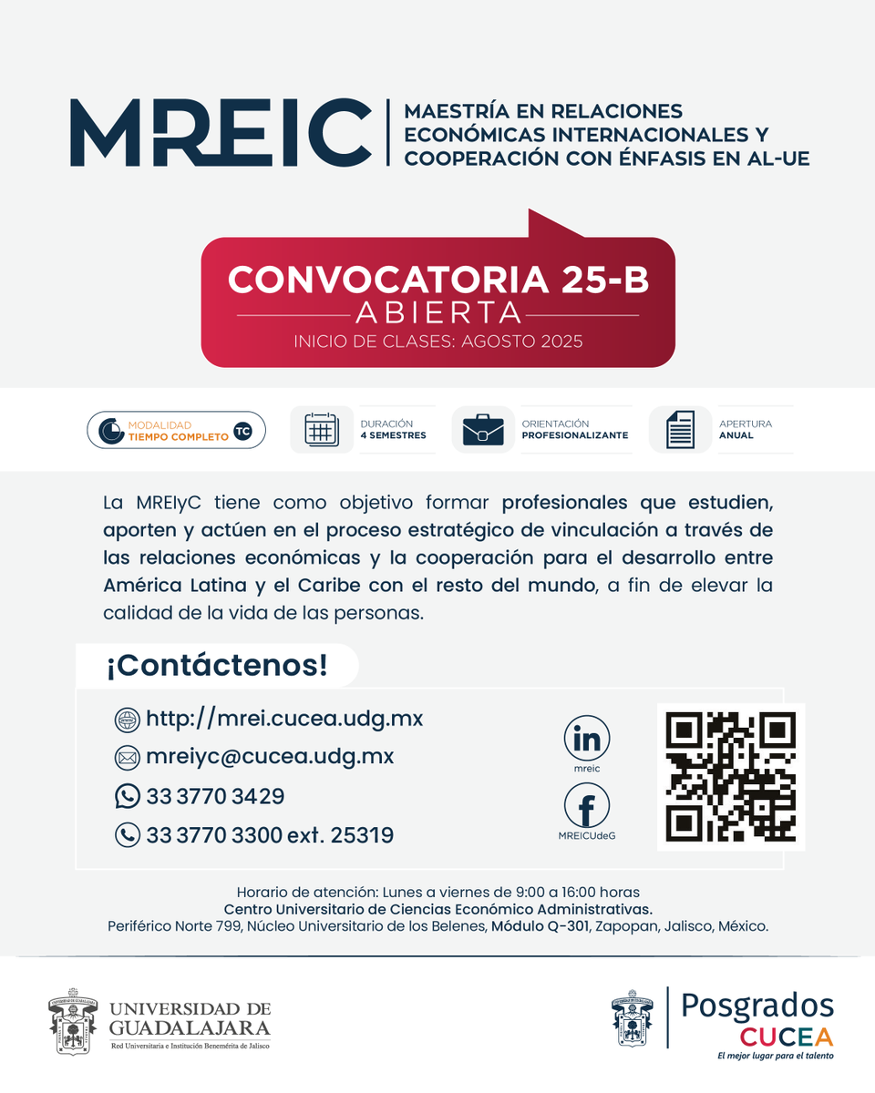🌟 ¿Para qué estudiar un posgrado?
Para crecer, impulsar el desarrollo internacional y promover la cooperación global.

👉 Conoce más sobre este programa: Maestría en Relaciones Económicas Internacionales y Cooperación 
🔗 mrei.cucea.udg.mx

#PosgradosCUCEA