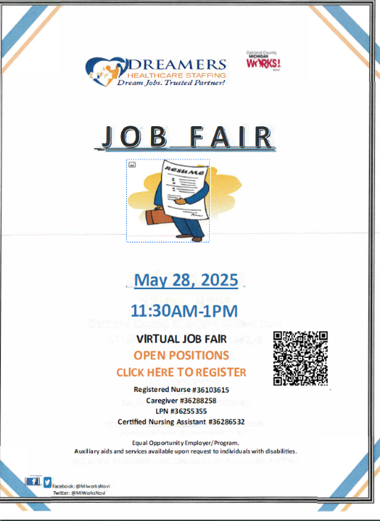 join Dreamers Healthcare Staffing for a Virtual Job Fair May 28th 11:30AM - 1PM #Jobfair #Michiganworks