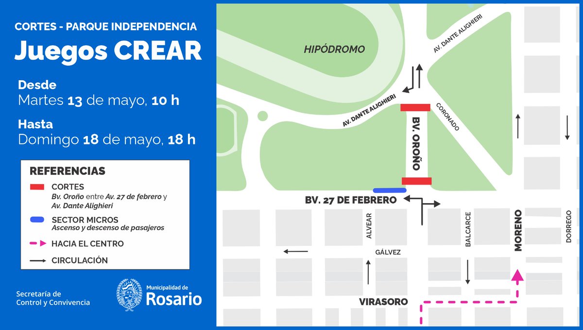 CORTES PROGRAMADOS: JUEGOS CREAR
📍En el sector del Parque de la Independencia, desde el martes 13 al domingo 18 de mayo se realizará el corte de Bv. Oroño para el desarrollo de los Juegos CREAR.

#ControlyConvivencia