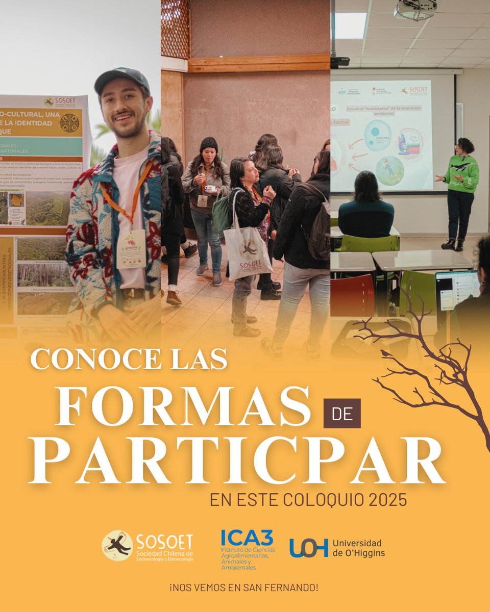 Participa en el #VcoloquioSOSOET en los siguientes formatos: 
1️⃣ Presentación oral
2️⃣ Póster
3️⃣ Talleres
4️⃣ Feria Interactiva
5️⃣ Exposiciones artísticas
Link formulario: docs.google.com/forms/d/e/1FAI…