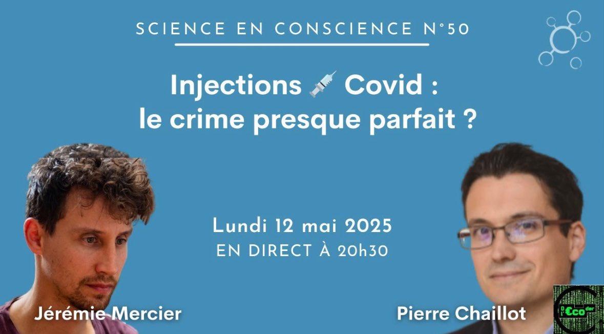 Salut à tous ! Je vous retrouverai ce soir lundi 12 mai à 20h30 en direct avec mon invité le statisticien Pierre Chaillot pour parler de son nouveau livre sur les victimes des vaccins Covid.

À tout à l’heure ici youtube.com/watch?v=zdRxZ_… et ici crowdbunker.com/v/puRMBXzh