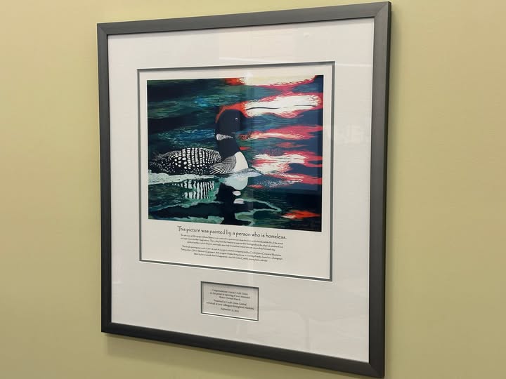If you can't read the fine print, this painting in our branch was painted by a person who is homeless.
Painted at the Siloam Mission in Winnipeg in 2011 as part of a project initiated and sponsored by Credit Union Central of Manitoba.