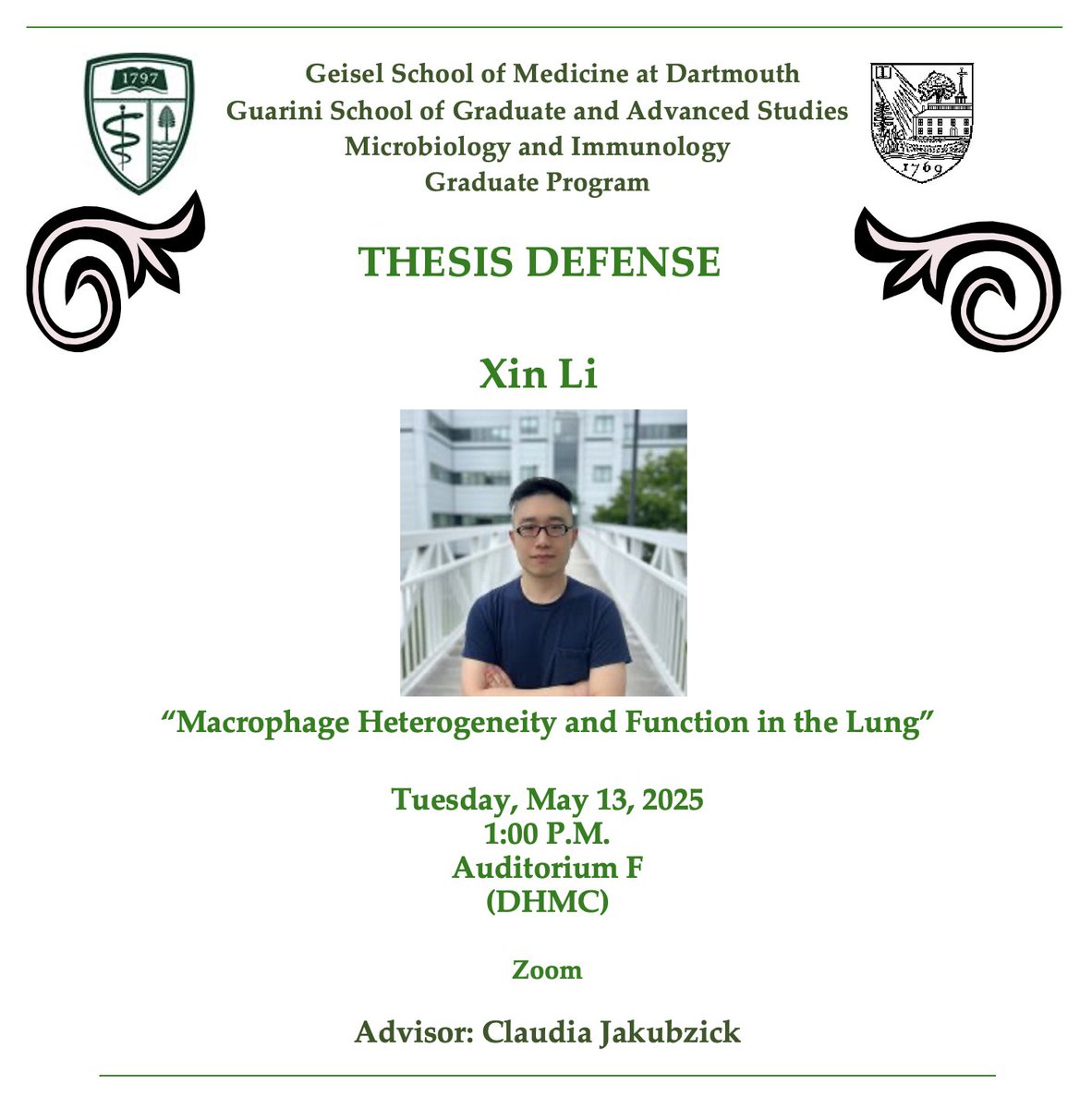 Dartmouth MCB Graduate Program (@mcbdartmouth) on Twitter photo π¨ Thesis Seminar Alert: Xin Li (<a href="/XinLi0419/">Xin Li</a>) from the <a href="/claudjak/">Claudia Jakubzick</a> Lab <a href="/DMS_MicroImmuno/">DMS_MicroImmuno</a> will be presenting his work tomorrow at 1pm in Auditorium H! π¨ Thesis Seminar Alert: Xin Li (<a href="/XinLi0419/">Xin Li</a>) from the <a href="/claudjak/">Claudia Jakubzick</a> Lab <a href="/DMS_MicroImmuno/">DMS_MicroImmuno</a> will be presenting his work tomorrow at 1pm in Auditorium H!